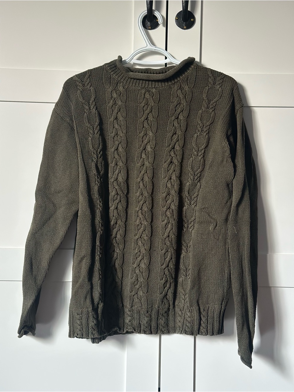 Women's Olive Cable-Front Roll Neck Cotton Sweater